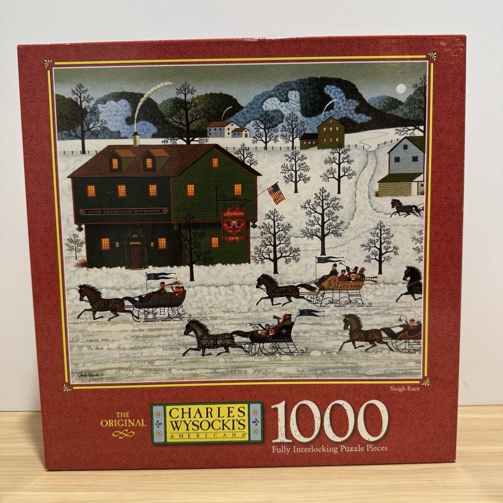VTG Charles Wysocki 1000 Piece Puzzle SLEIGH RACE Americana Hasbro MB Complete - Picture 3 of 13